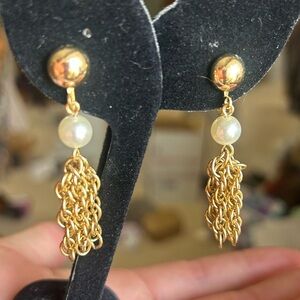 Earrings, vintage screw back gold tone with faux pearl and chain dangles